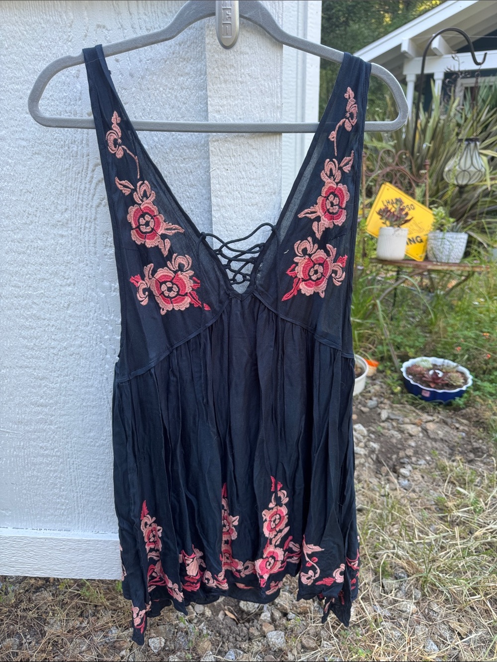 Free People Navy with Embroidered Flowers Sleeveless Tunic